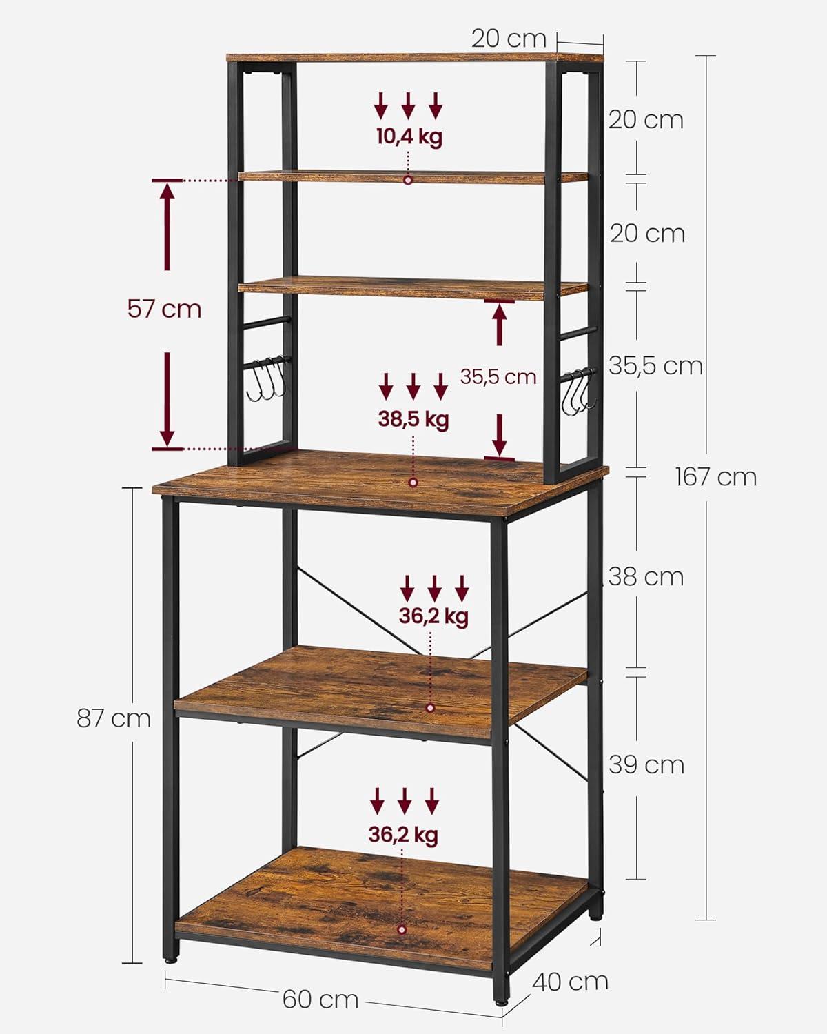 VASAGLE - étagère cuisine, acier, 40x60x167 cm, 6 niveaux, rustique - KKS024B01