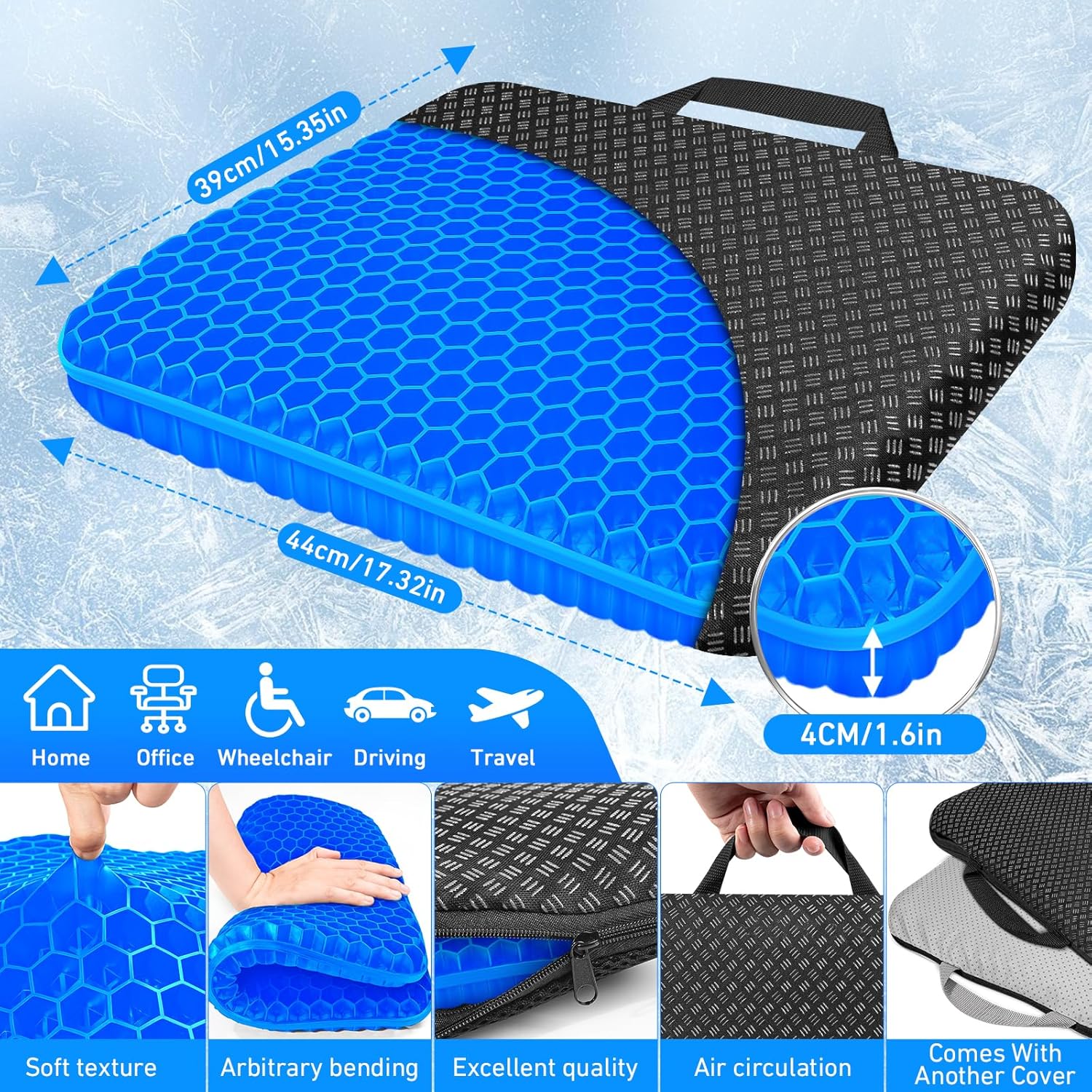 Vmingo - coussin de gel série orthopédique - housse antidérapant, soulage pression, bleu foncé, 45x35cm