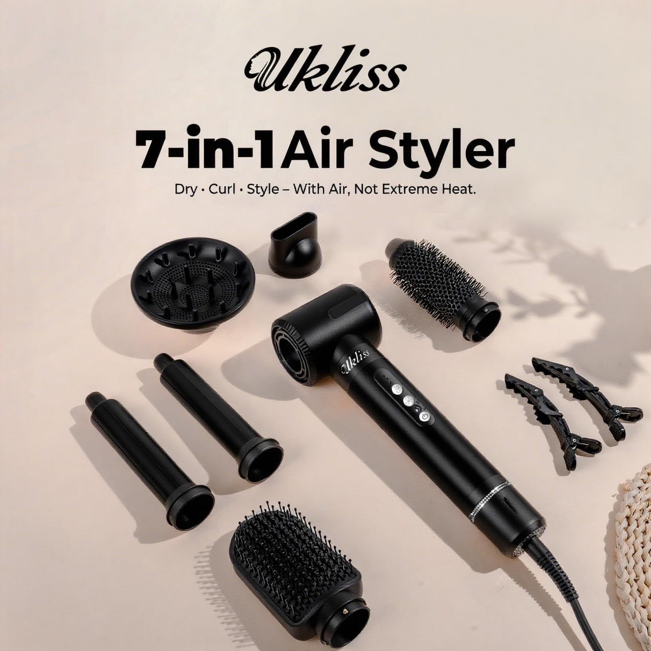 UKLISS - Sèche-cheveux 7 en 1 Pro - 1400W - brushing, boucleur, lisseur, diffuseur