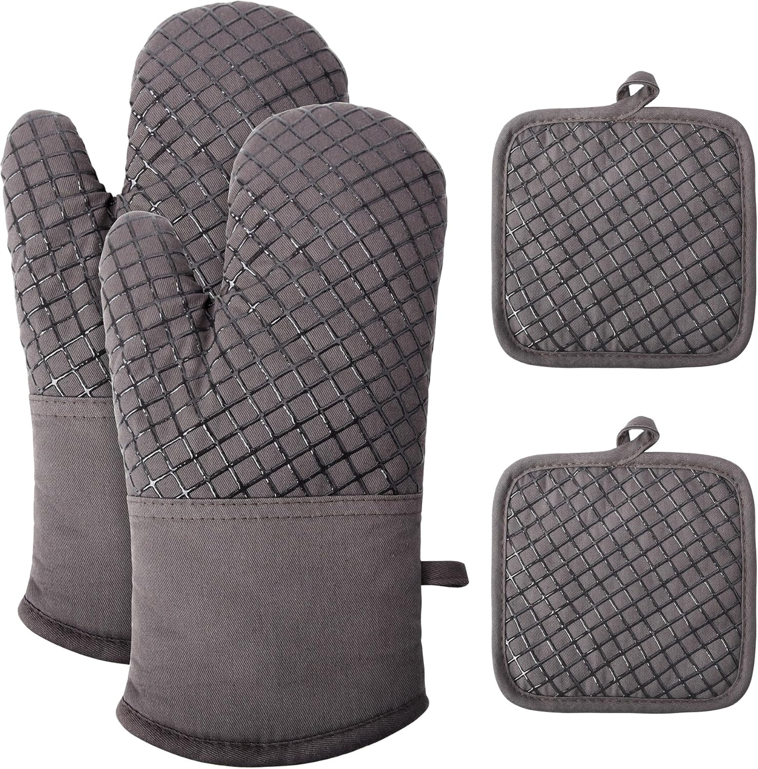Maniques de Cuisine - lot de 4 - coton doux, silicone épais, antidérapant, résistantes à la chaleur, longues et flexible