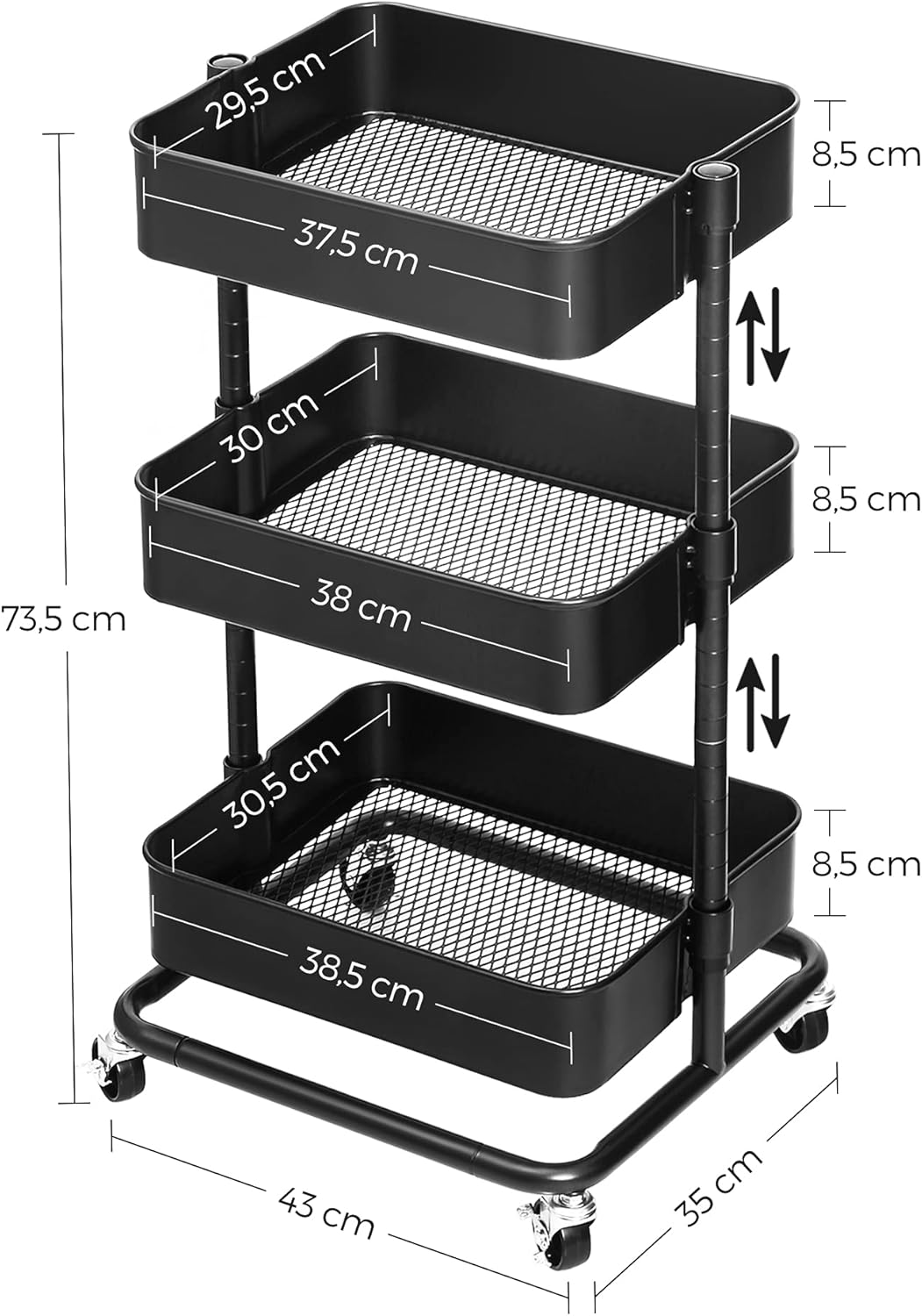 SONGMICS - chariot 3 niveaux, 43x35x73,5 cm, tablette réglable, 6955880309108
