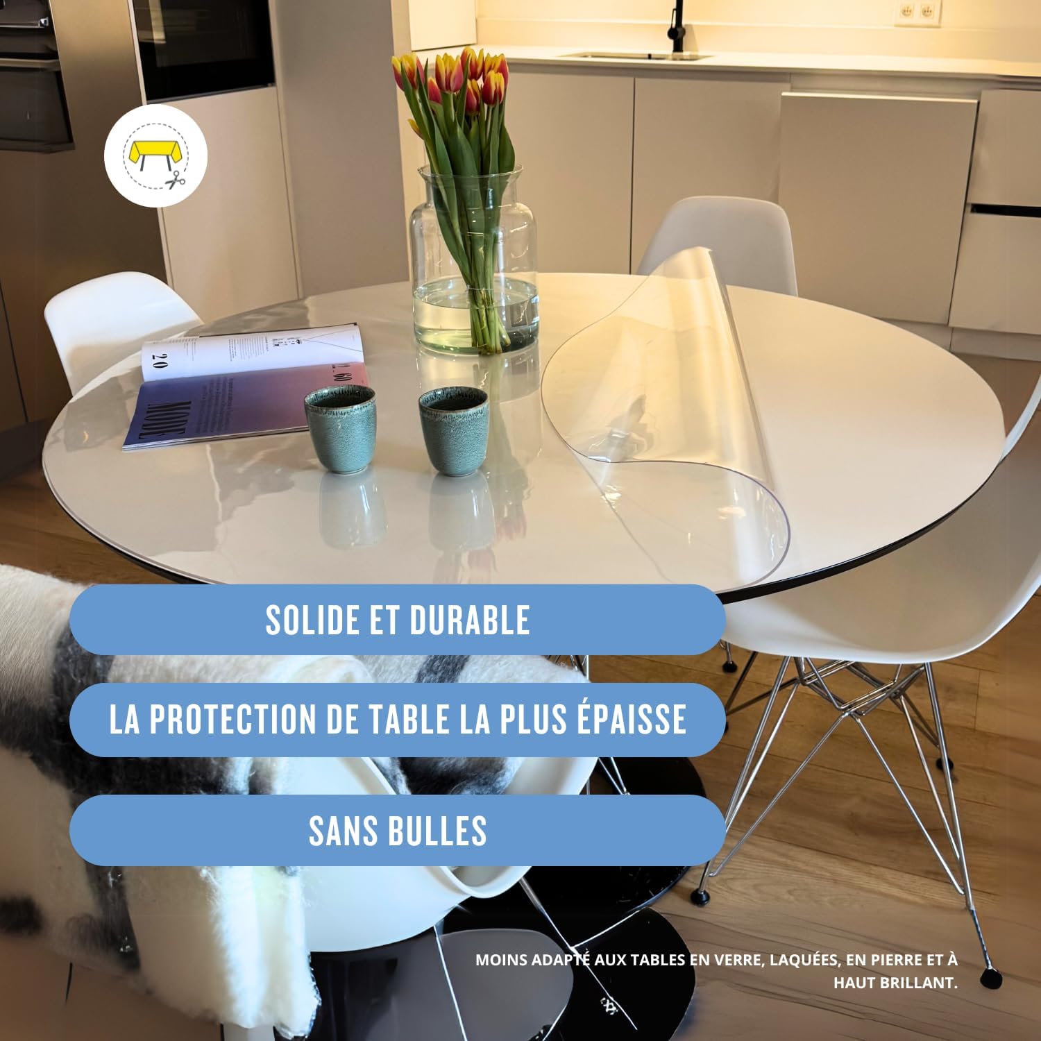 Nappe transparente ronde 155cm, lavable, épaisseur 2mm, intérieur/extérieur