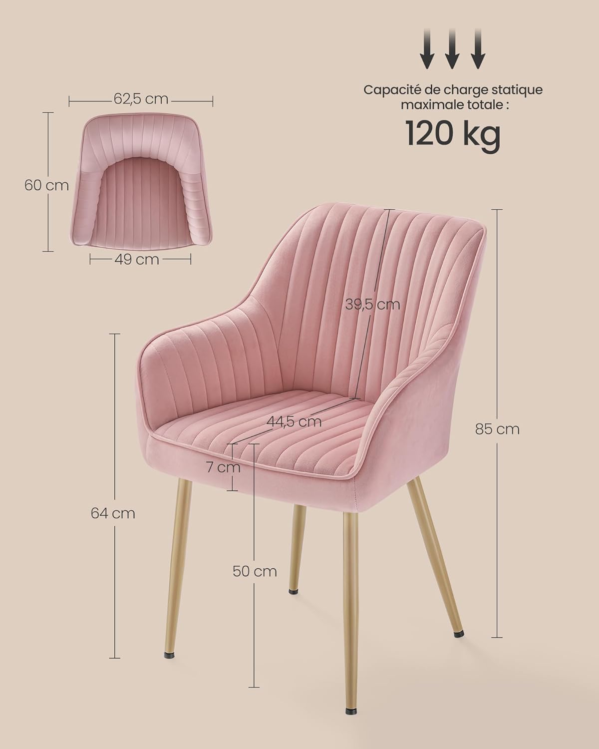 SONGMICS - fauteuil velours, accoudoirs, 120kg, métal, 2pcs, LDC087R12