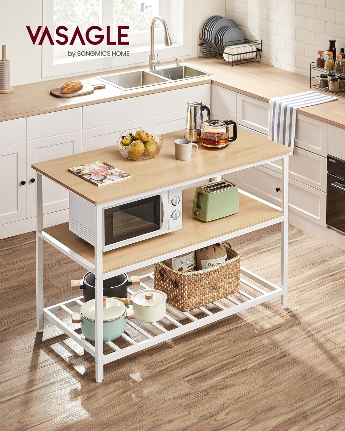 VASAGLE - îlot de cuisine 3 niveaux 60x120x90 cm acier chêne moderne KKI001W09