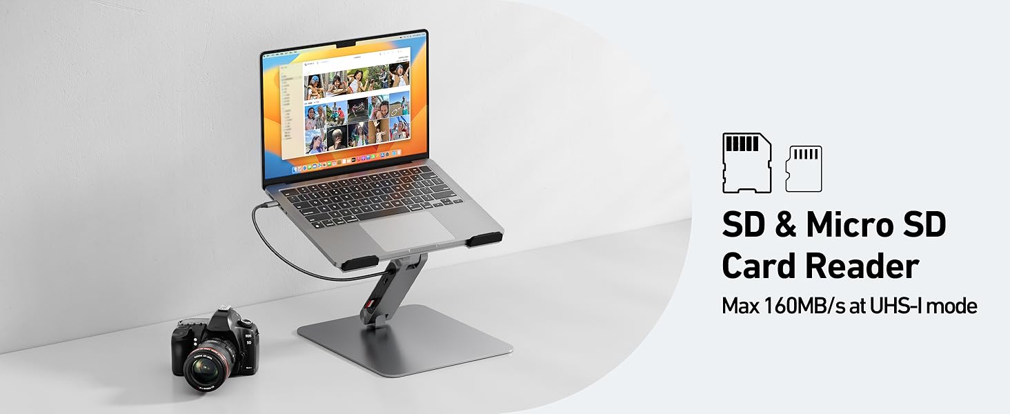 sur support réglable avec caméra à proximité. Lecteur de cartes SD et Micro SD visible, capable de 160 Mo/s maximum en mode UHS-I