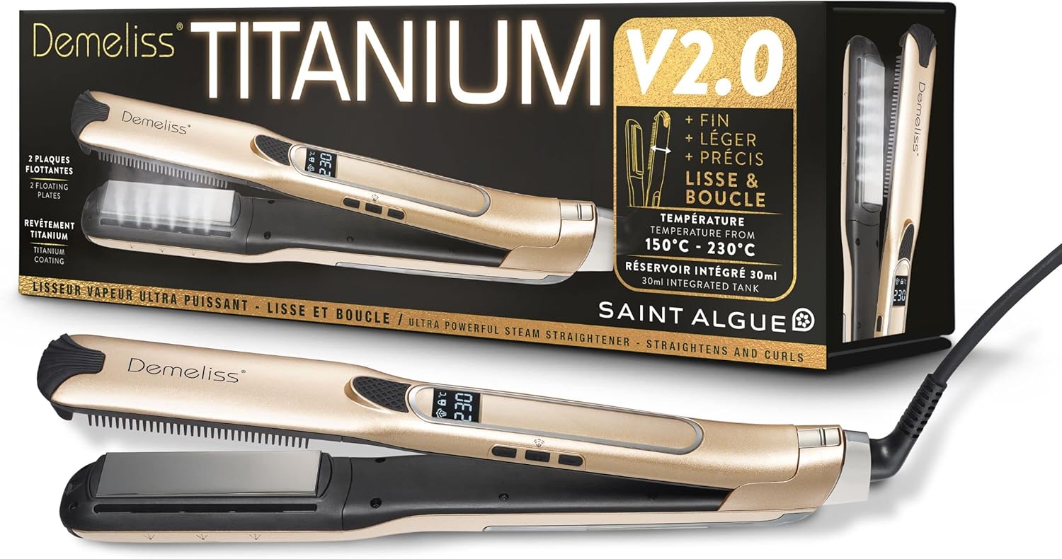 Demeliss - Titanium V2.0 - plaques fines, vapeur puissante, 2en1 lisseur/boucleur