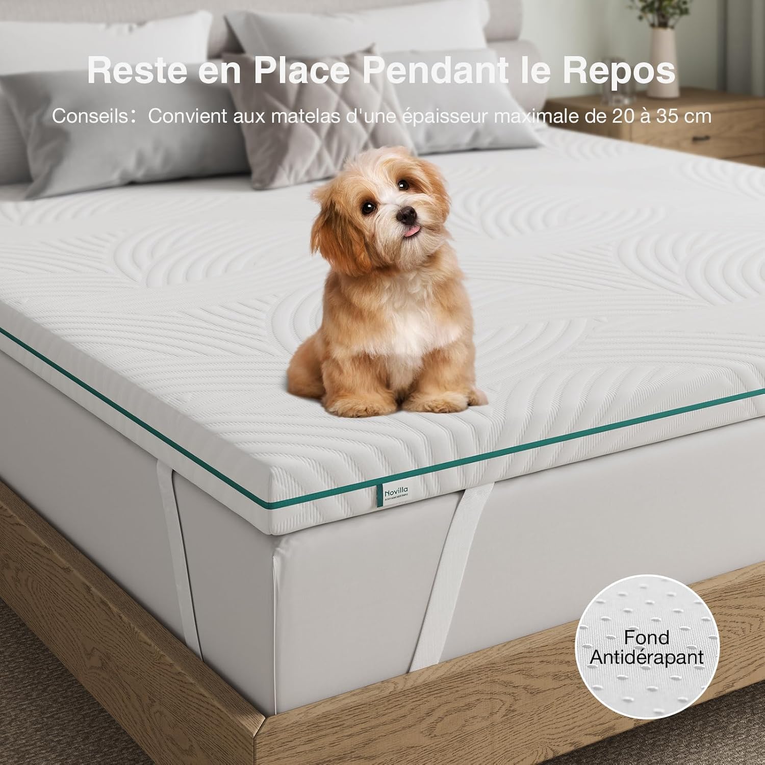Novilla - Surmatelas Premium - 90x190 cm - Mémoire de forme, housse lavable, antidérapant, sangles élastiques