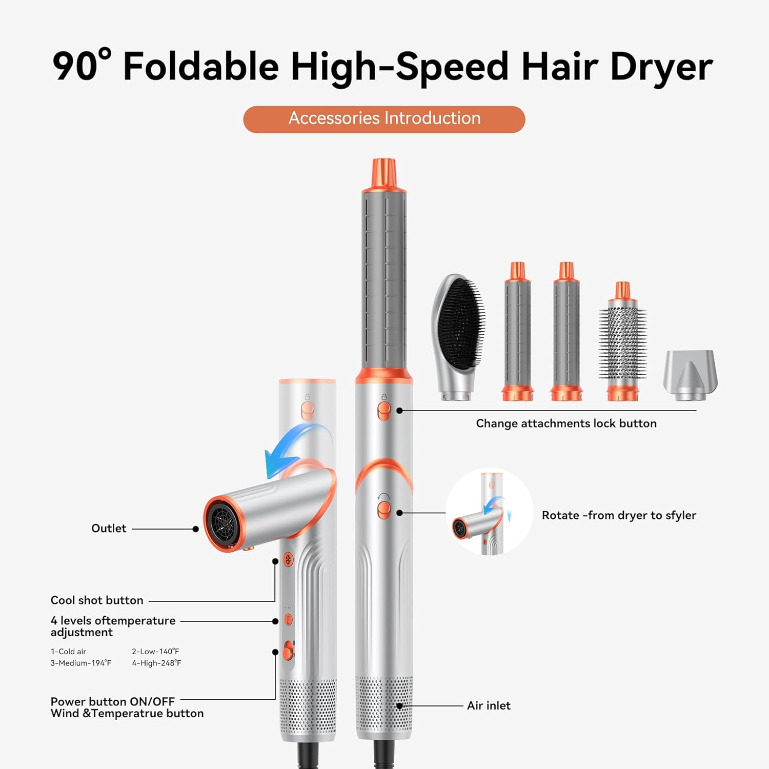 Air Brush 5 en 1 - Brosse coiffante pliante, 110000 tr/min, séchage, lissage, bouclage, argent