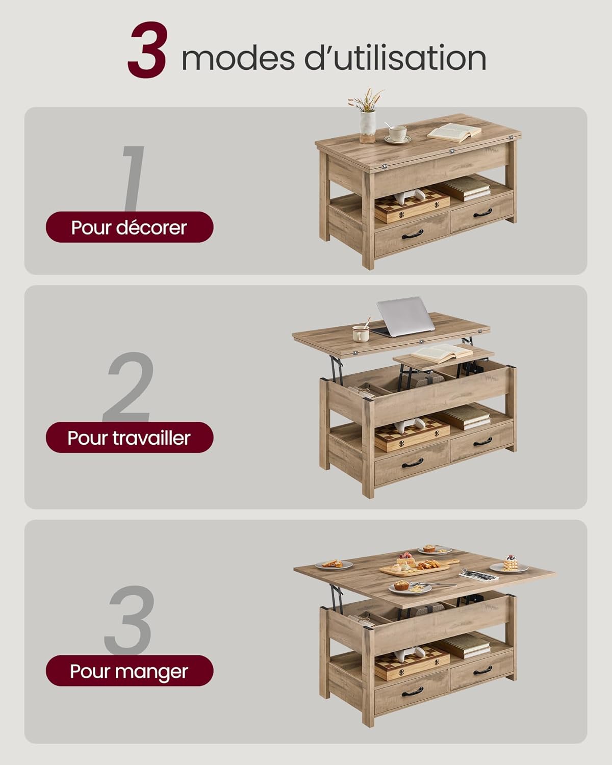VASAGLE - table basse relevable série LCT - tiroirs, gaz, marron camel - LCT254L01