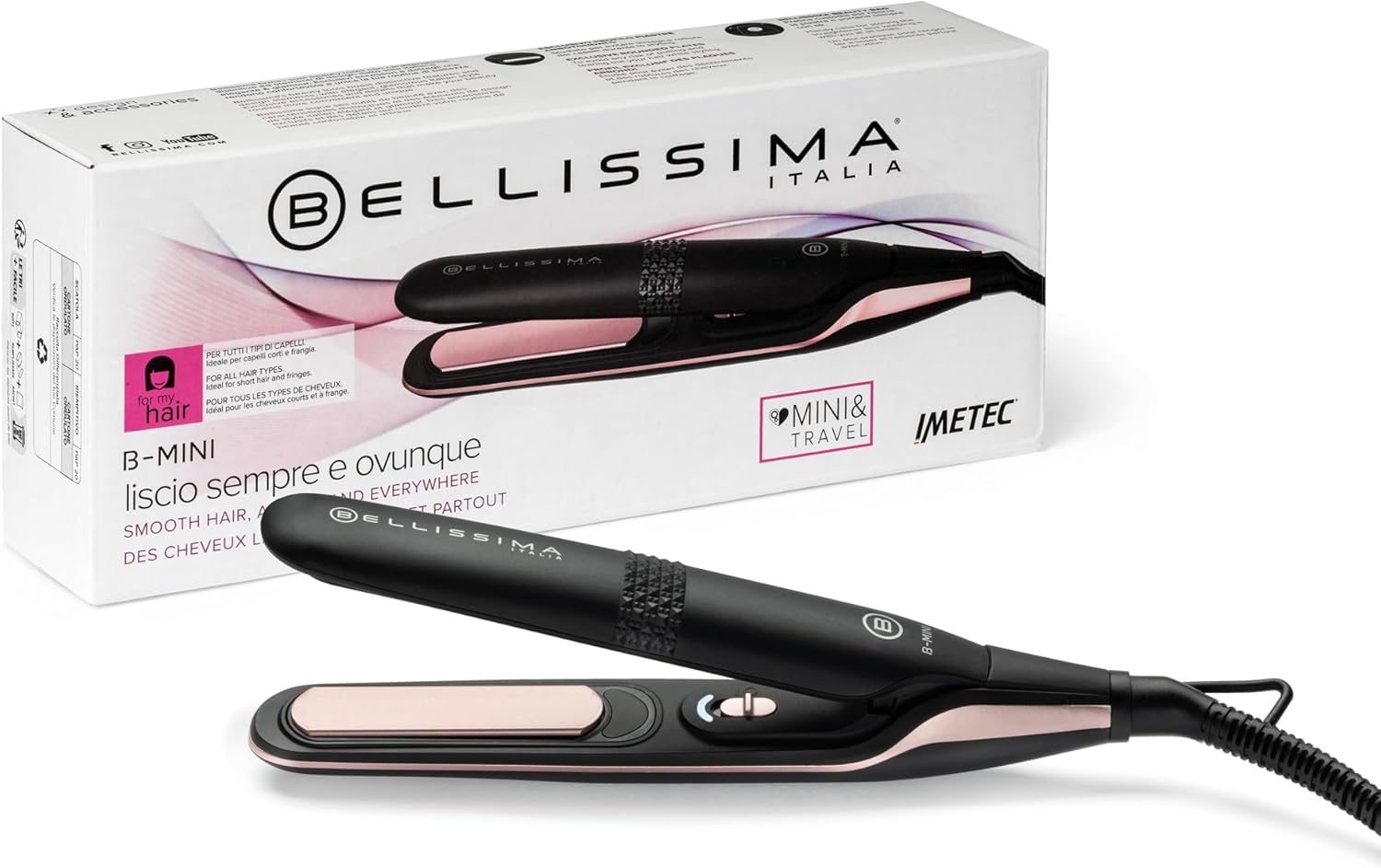 Bellissima - Mini lisseur compact, léger, céramique, 200°C, multivoltage