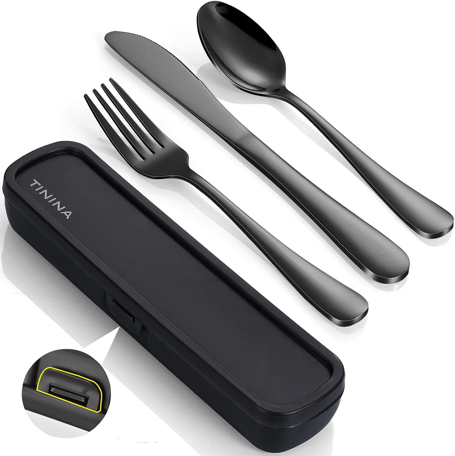 Couverts de camping - acier inoxydable - étui renforcé - lavable - noir