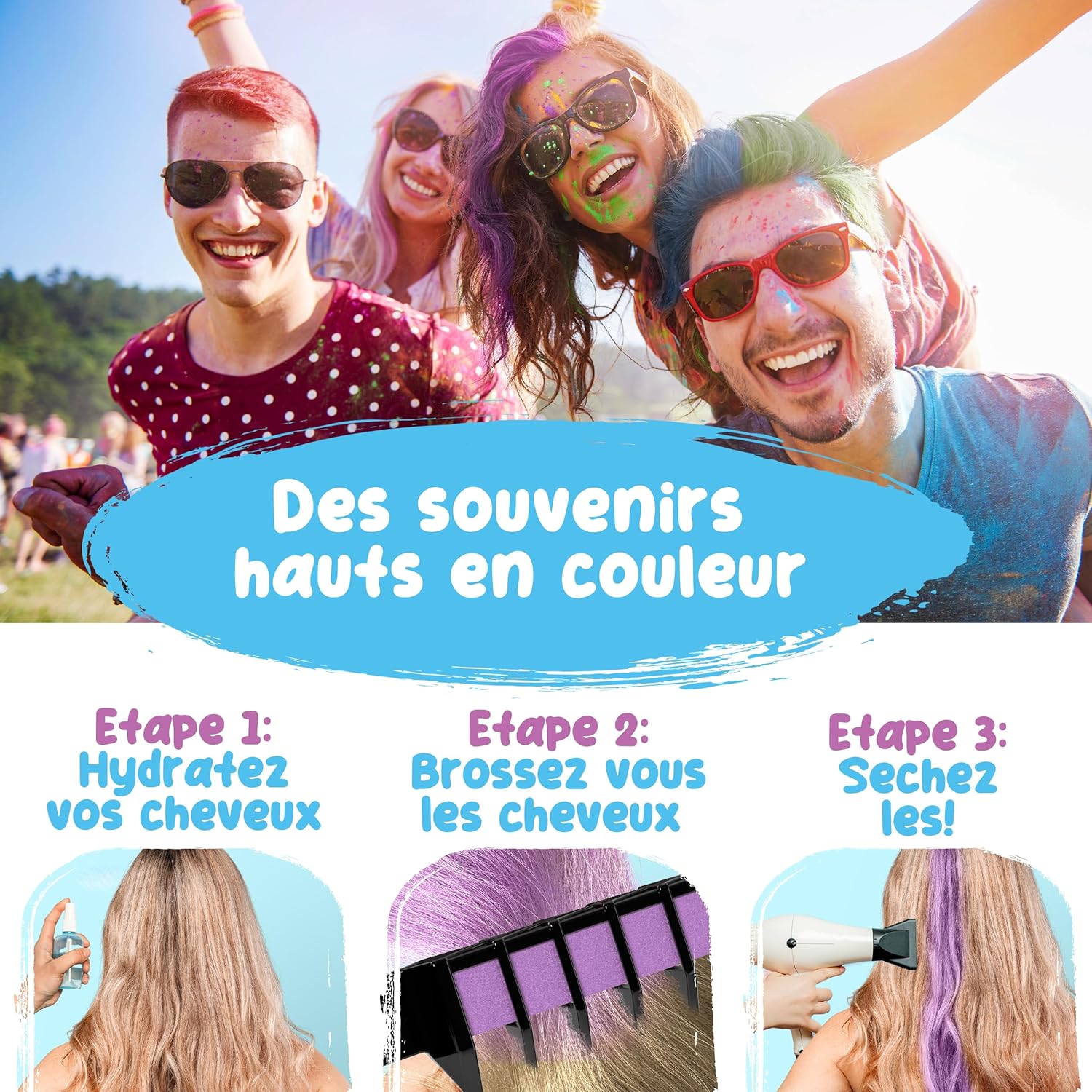 Magicat - Peigne à craie Magicat 20 - 10 couleurs lavables, élastiques cheveux, idéal enfants
