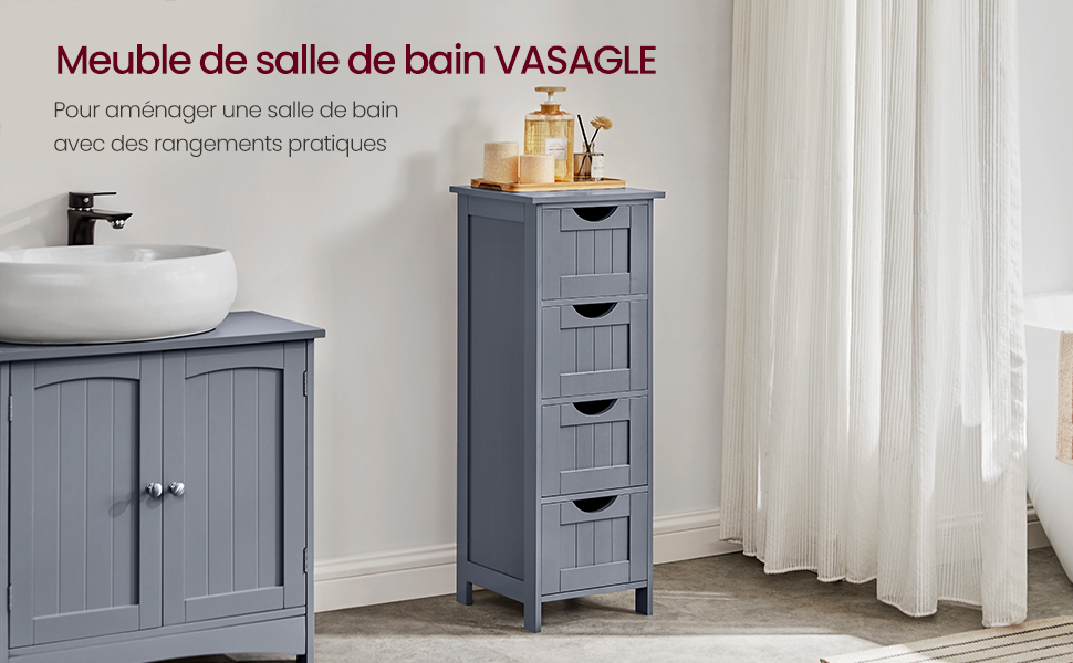 un meuble-lavabo bleu avec tiroirs et mur blanc.