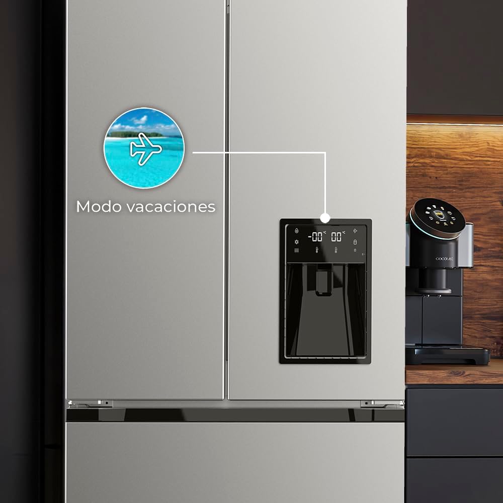 Cecotec - Bolero CoolMarket série FD - 436L inox, 4 portes, eau, No Frost, MultiAirFlow, Vacances, FD436WD