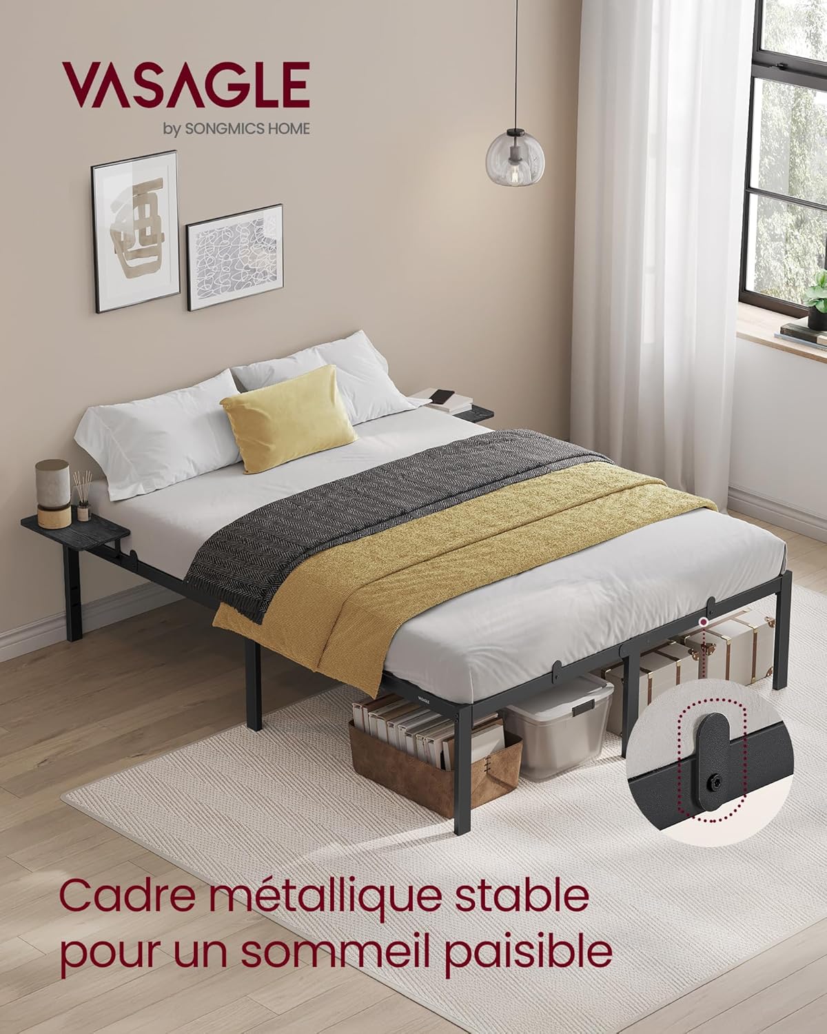 VASAGLE - Cadre de lit double série RMB - 140x200 cm, métal, étagères de rangement, montage facile RMB094B01V1