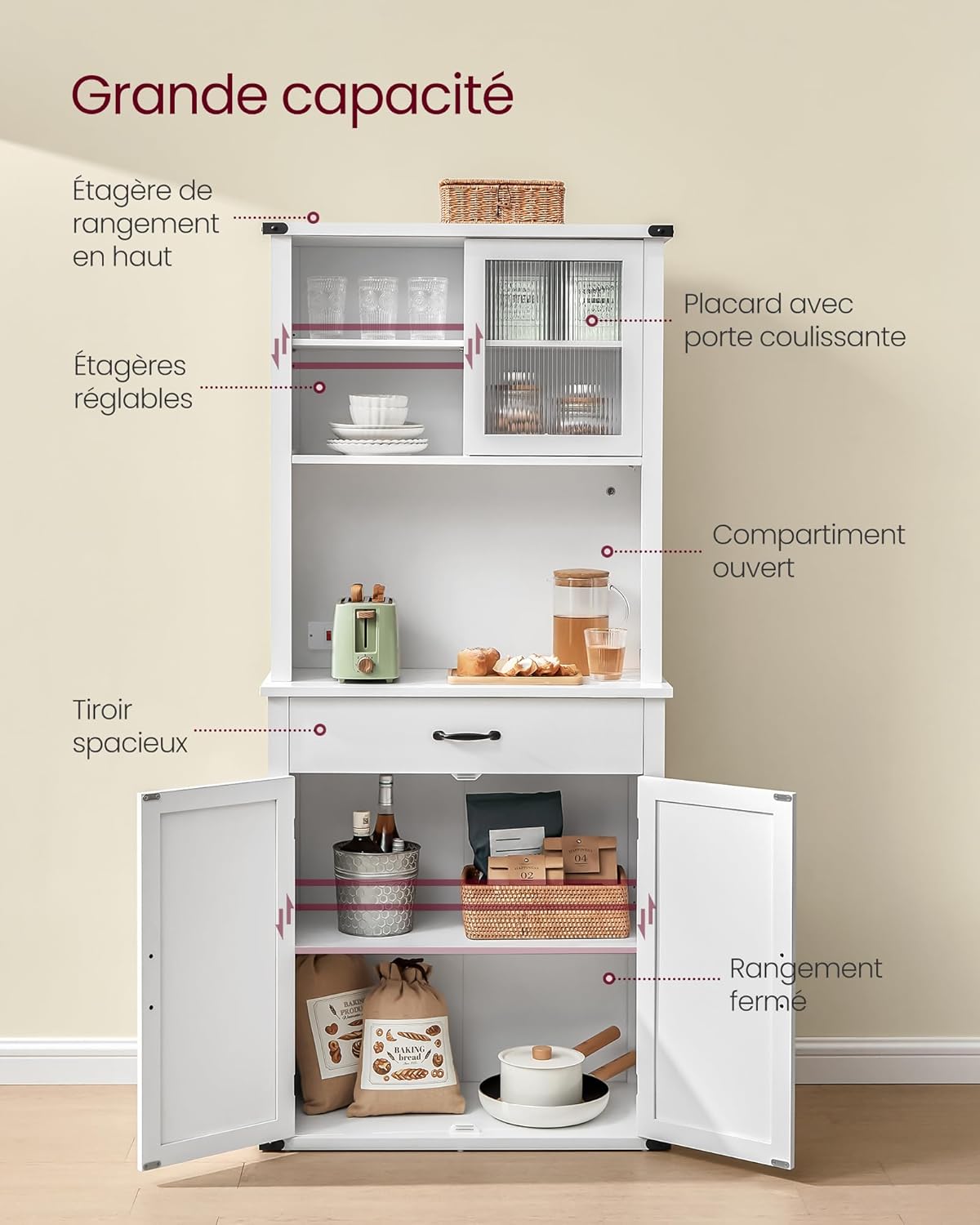 VASAGLE - meuble de rangement cuisine - 39,5x80,4x180,6cm - lumières, chargeur, portes, tiroirs, étagères réglables BBK3