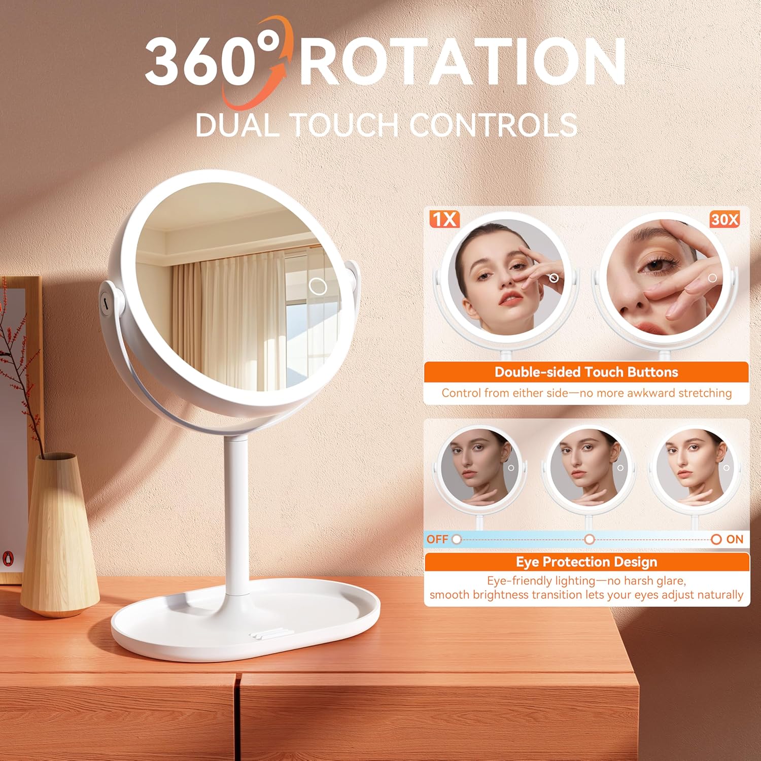 Auxmir - miroir maquillage LED, 30X/1X, 3 couleurs, tactile, 360°