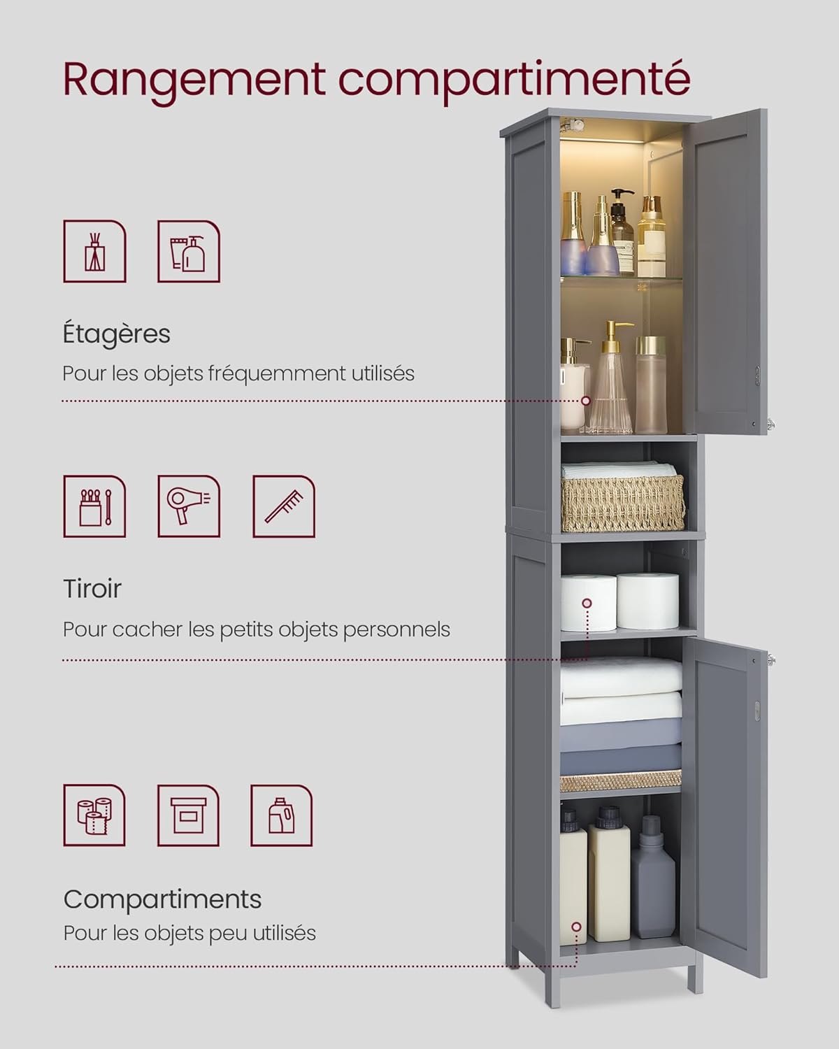 VASAGLE - Armoire haute salle de bain, étagères réglables, éclairage, BBC566G03