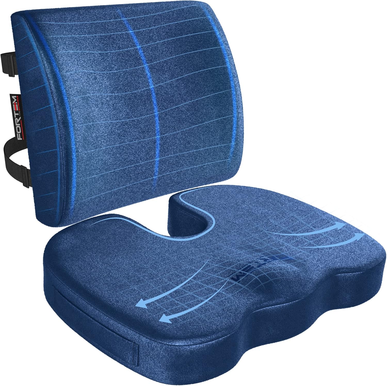 FORTEM - coussin lombaire/assise mémoire de forme - antidérapant - soutien dos et confort chaise/auto