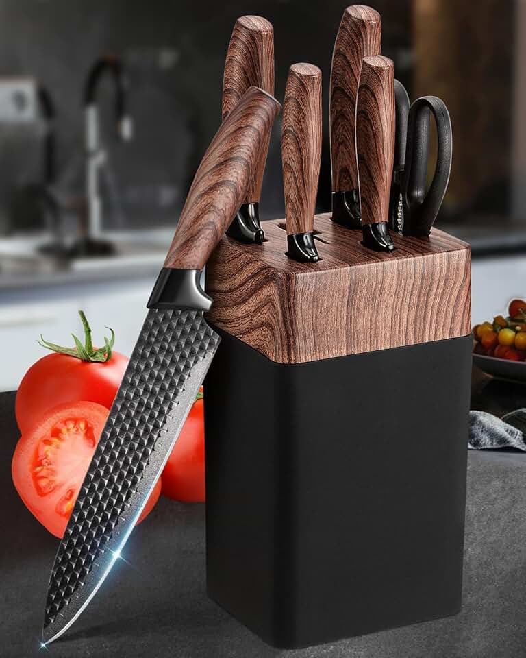 Set couteaux cuisine - 7 pièces, inox, manches ergonomiques, avec bloc