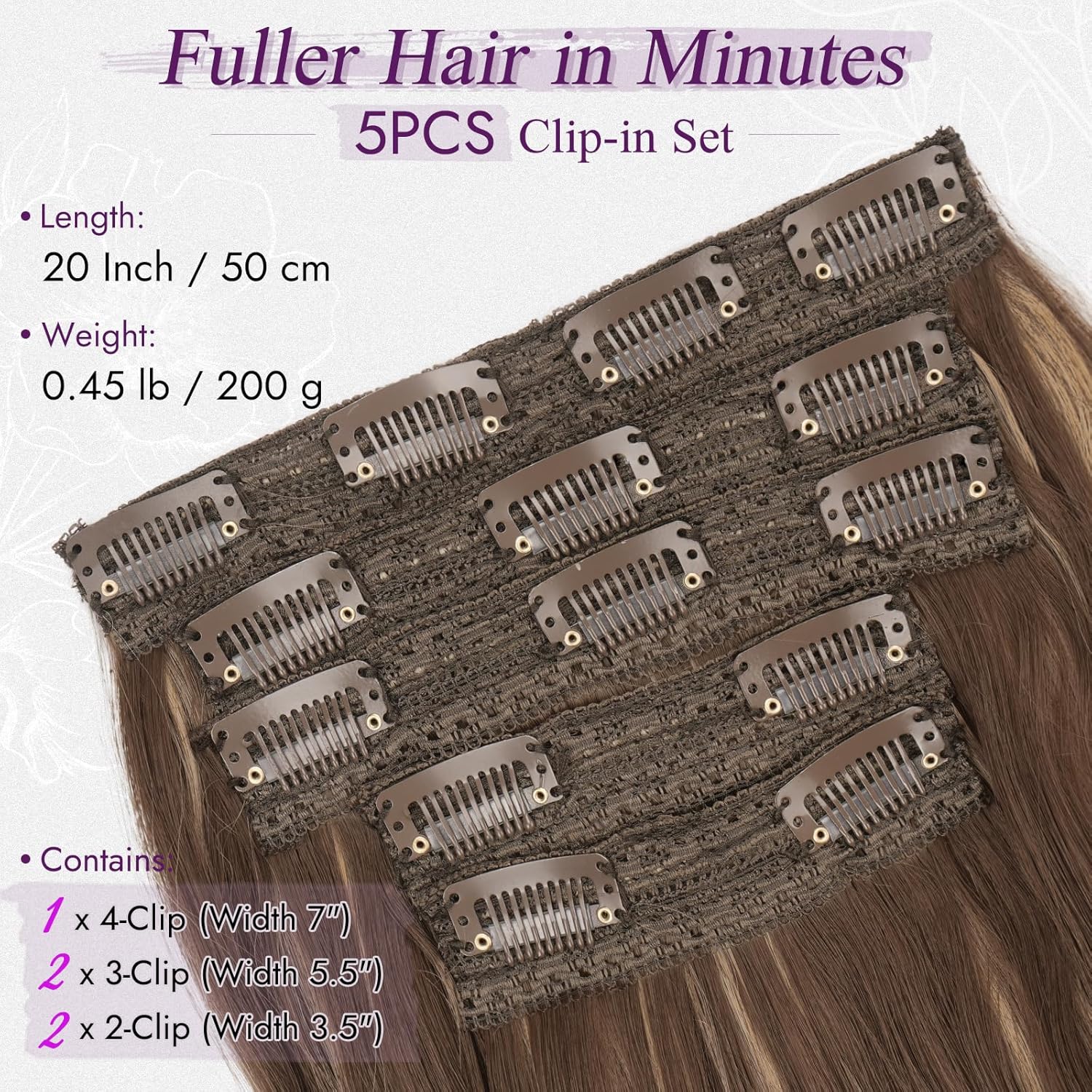 BARSDAR - Extension à clips longues, 50cm, ondulées, brun blond miel, 5PCS