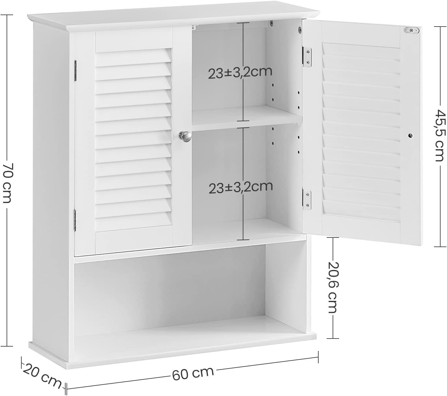 VASAGLE - meuble mural salle de bains - 20x60x70cm - étagère réglable, double porte, blanc - BBC27WT