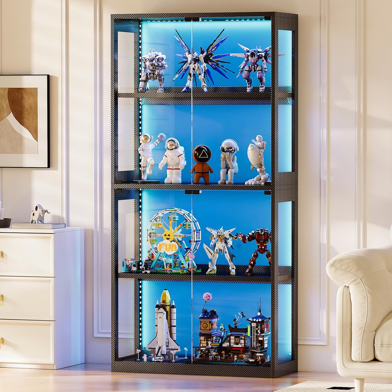 Coleshome - vitrine 4 étagères LED - portes verre, kit anti-chute, noir