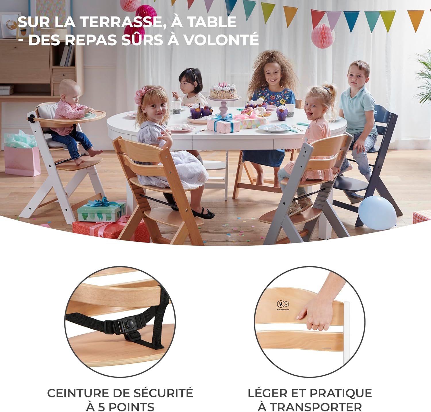 Kinderkraft - ENOCK - chaise évolutive bois, réglable, solide, tout gris