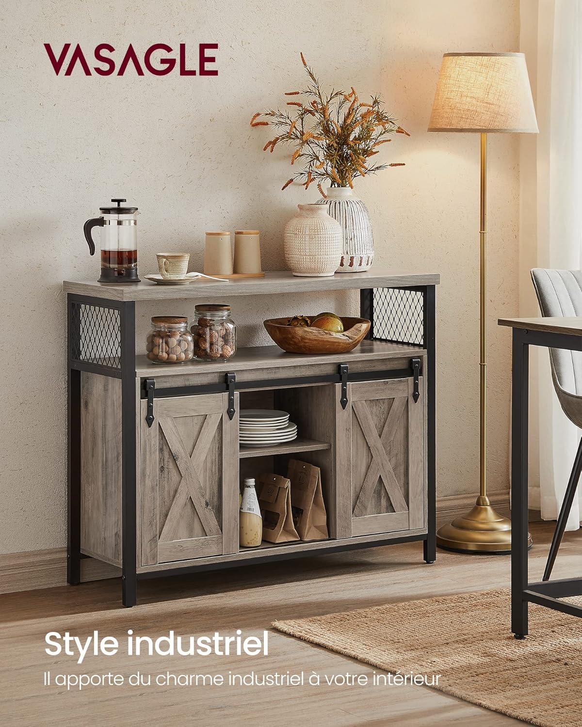 VASAGLE - buffet rangement cuisine - 100x33x80 cm - 2 portes coulissantes, étagères réglables, grège/noir - LSC092B02
