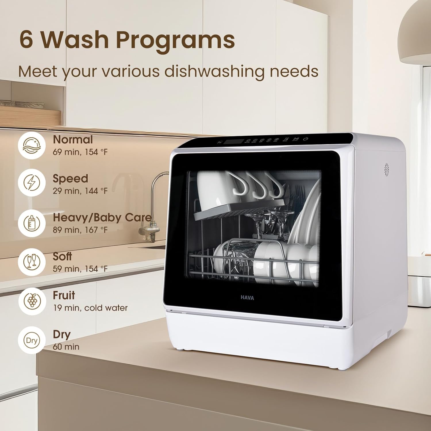 HAVA - Mini lave-vaisselle portable, 5L, 6 programmes, réservoir intégré