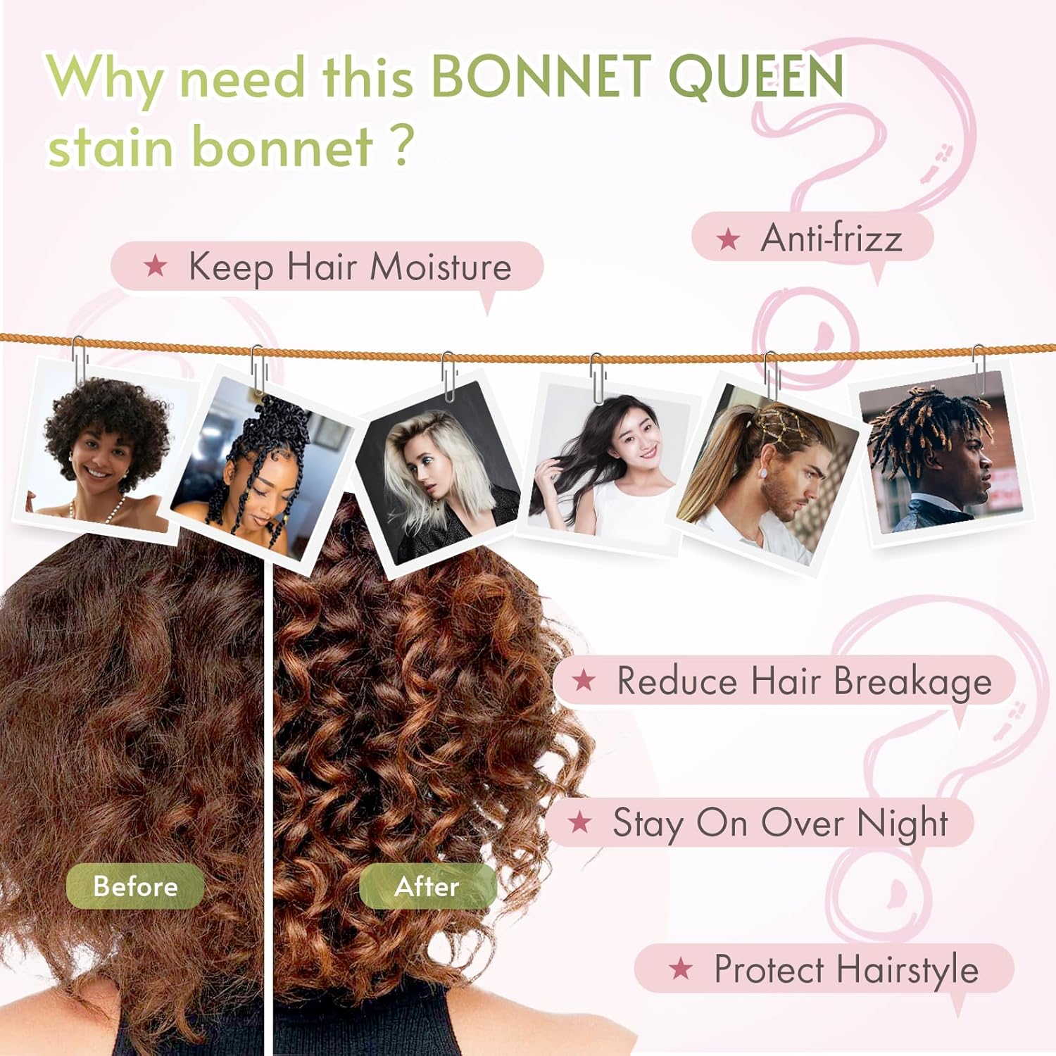BONNET QUEEN - bonnet satin nuit ajustable, moyen, cheveux bouclés