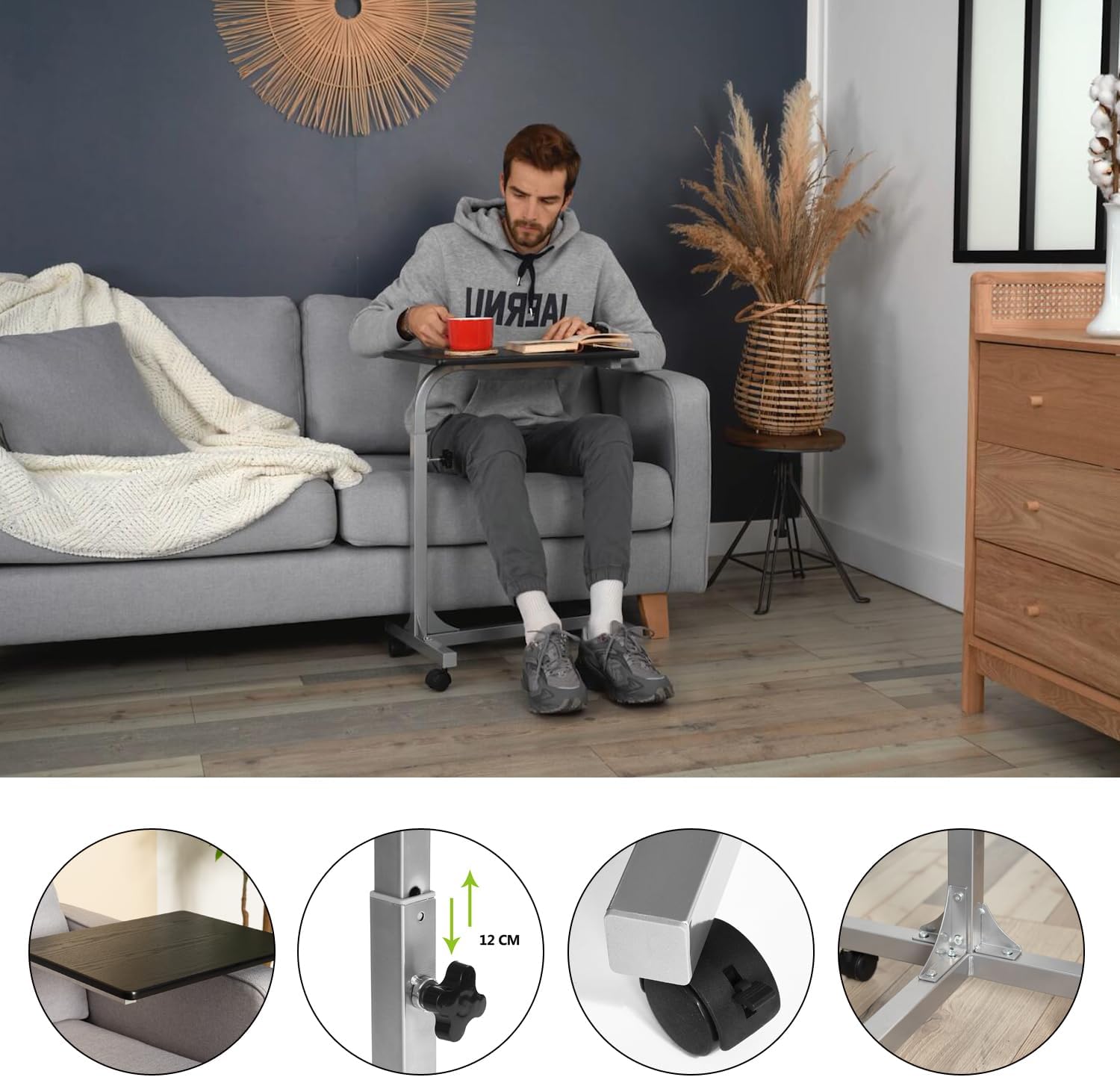 Table de lit pour PC - hauteur réglable, 48x37x67cm, 4 roulettes