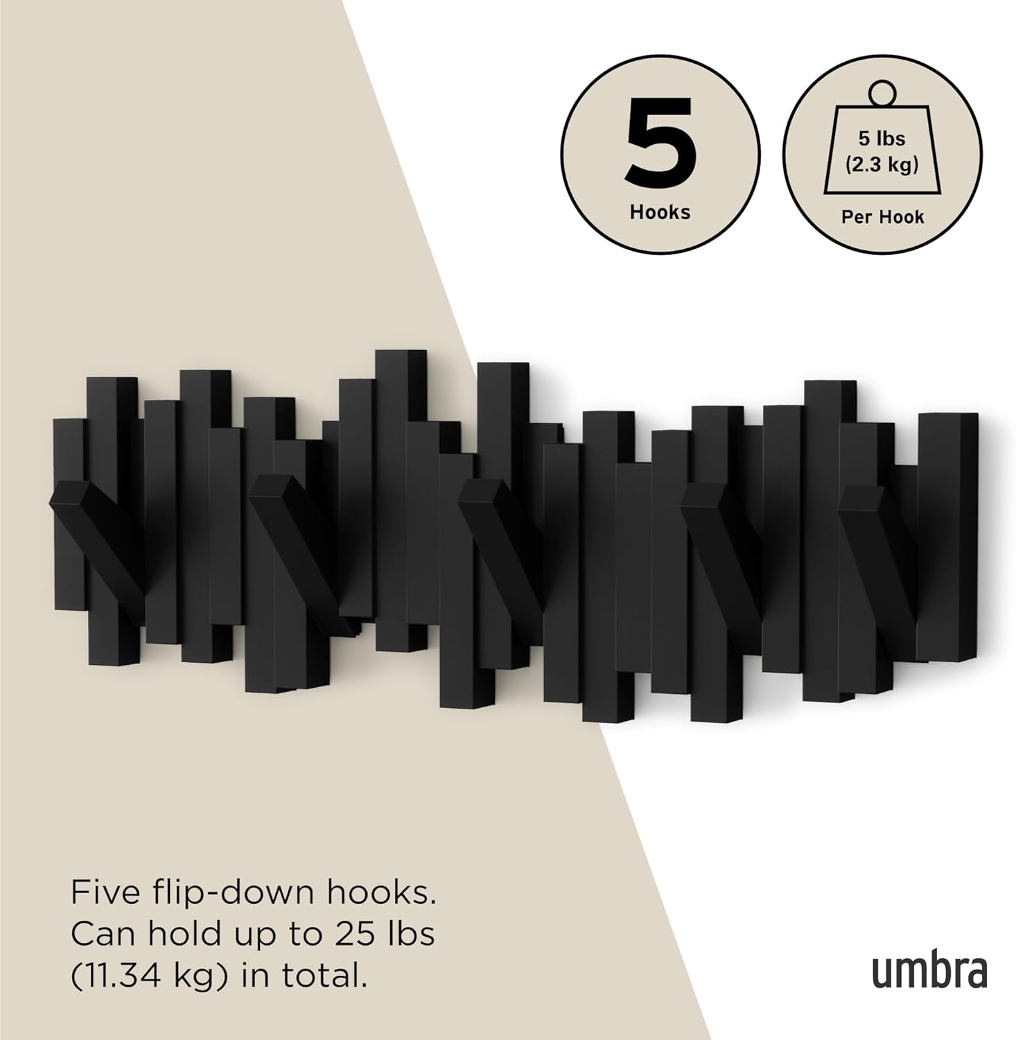 Umbra - Sticks série - 49 cm - 5 crochets rabattables mural noir
