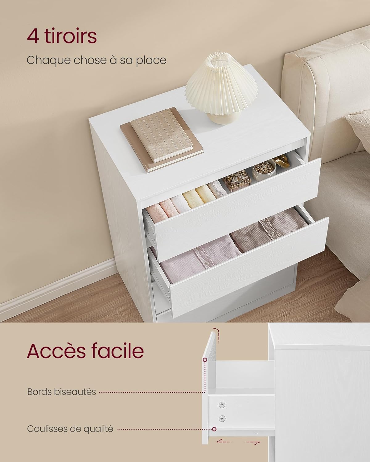 VASAGLE - Kailyn Collection - 40x60x97,4 cm - commode 4 tiroirs, blanc, style moderne LTS614WE02