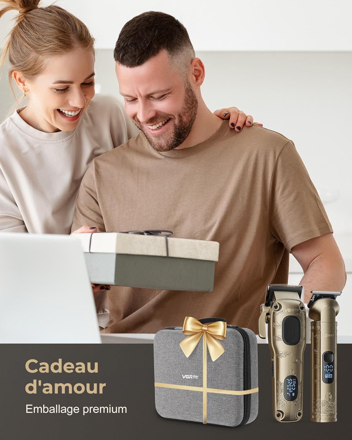 Tondeuse cheveux professionnelle sans fil, kit coupe homme, dorée