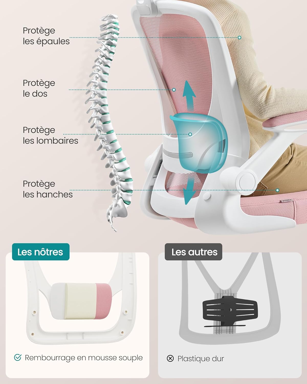 SONGMICS - chaise de bureau - 53 cm - ergonomique, maille, accoudoirs rabattables, support lombaire, OBN037R01