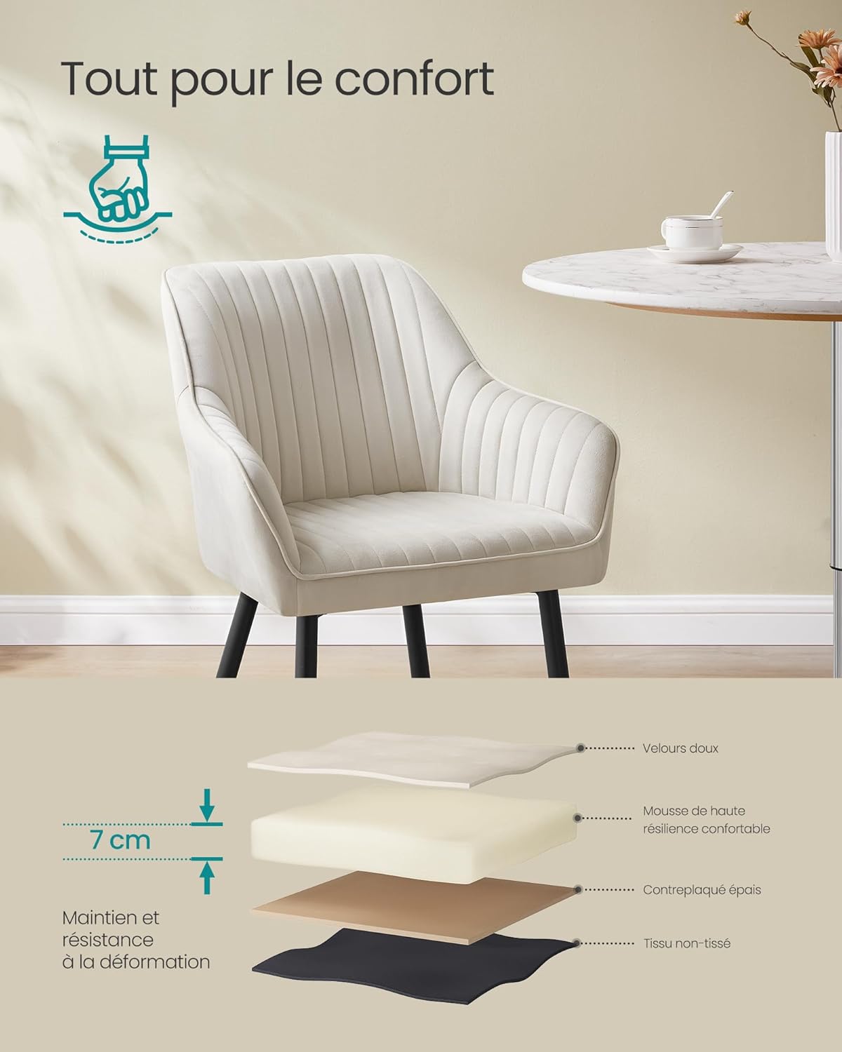 SONGMICS - Chaise salle à manger lot de 2, velours, accoudoirs, pieds métal, 120 kg, beige cappuccino/noir, LDC087W12