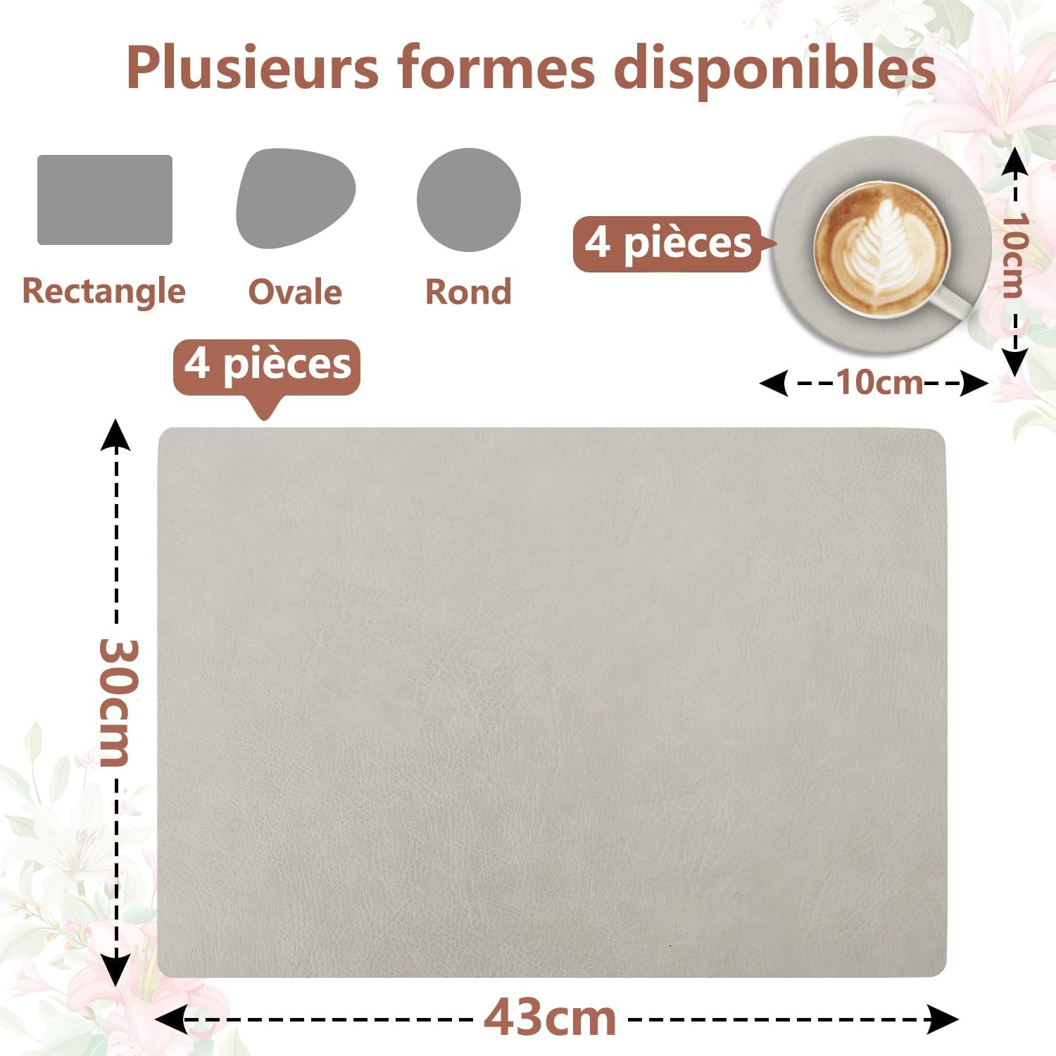Set de table - lot de 4, cuir PU double face, 43x30cm, lavable, antidérapant