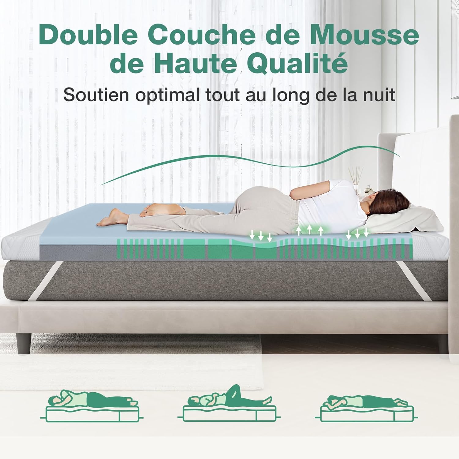 Novilla - surmatelas 7,5cm 150x190 - mémoire de forme, gel, antidérapant, lavable