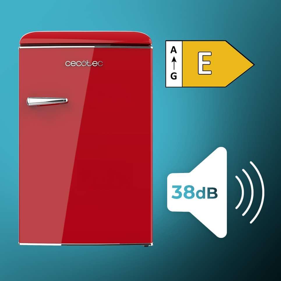 Cecotec - Bolero CoolMarket TT - 110L - mini frigo rétro, classe E, éclairage LED, poignée chromée, étagères verre, roug