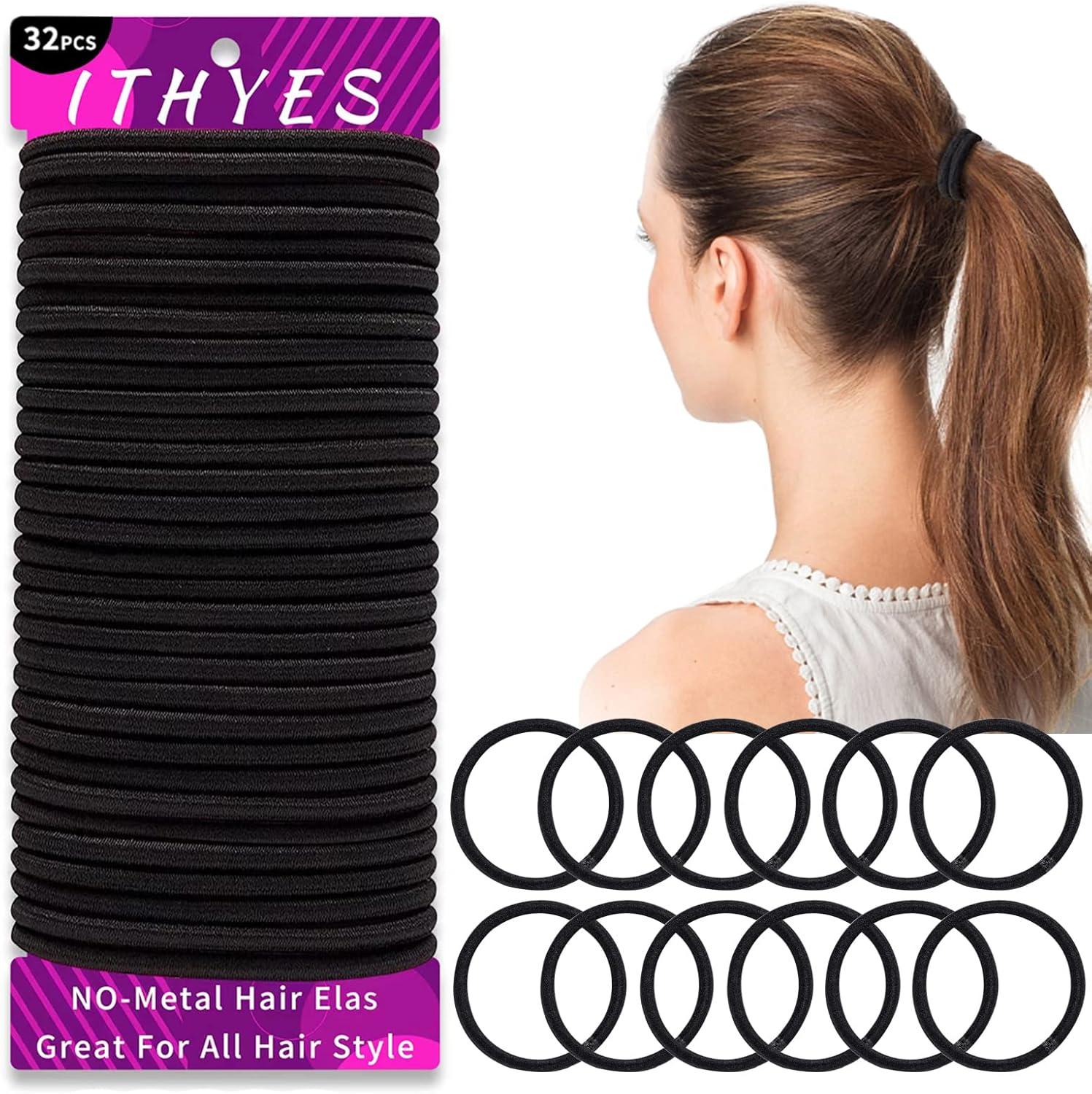 Élastiques à cheveux - lot de 32, 4mm, épais, noirs, femmes et hommes
