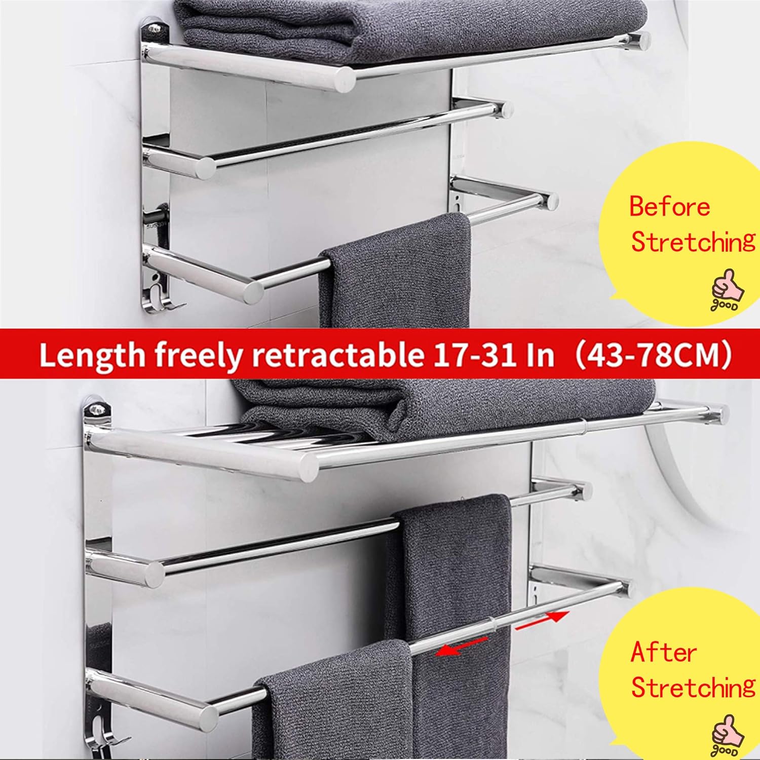 Porte-serviettes mural rétractable, inox, sans perçage, 2 niveaux, 50cm