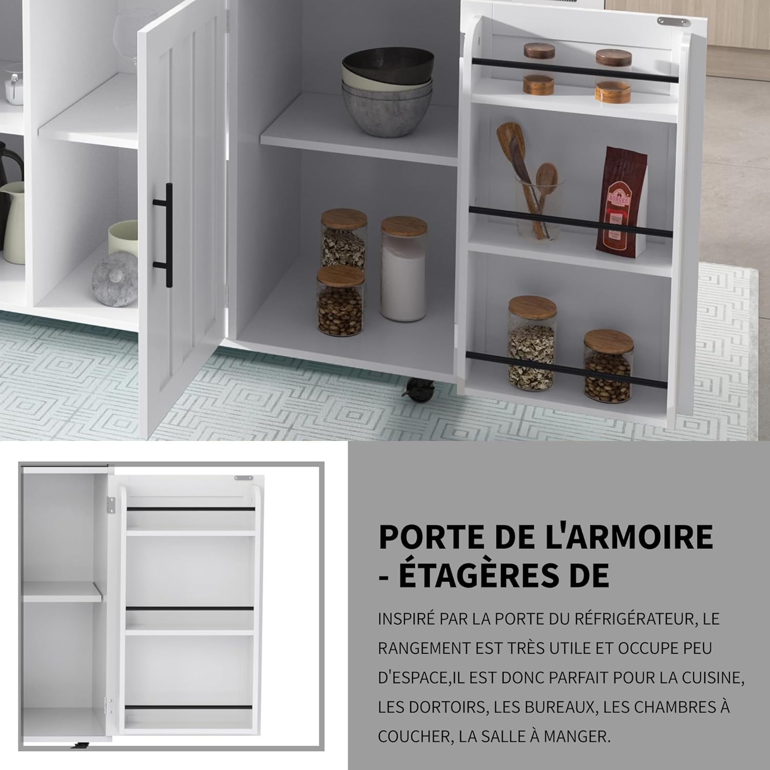 Desserte îlot de cuisine - blanc, 129x71x91,5cm - plans rabattables, 2 tiroirs, 3 portes
