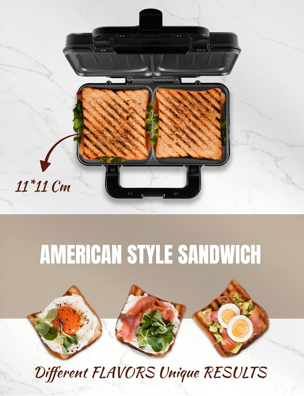 Bestron - appareil croque monsieur XL - 2 sandwichs coquille - réglage automatique de température, beige
