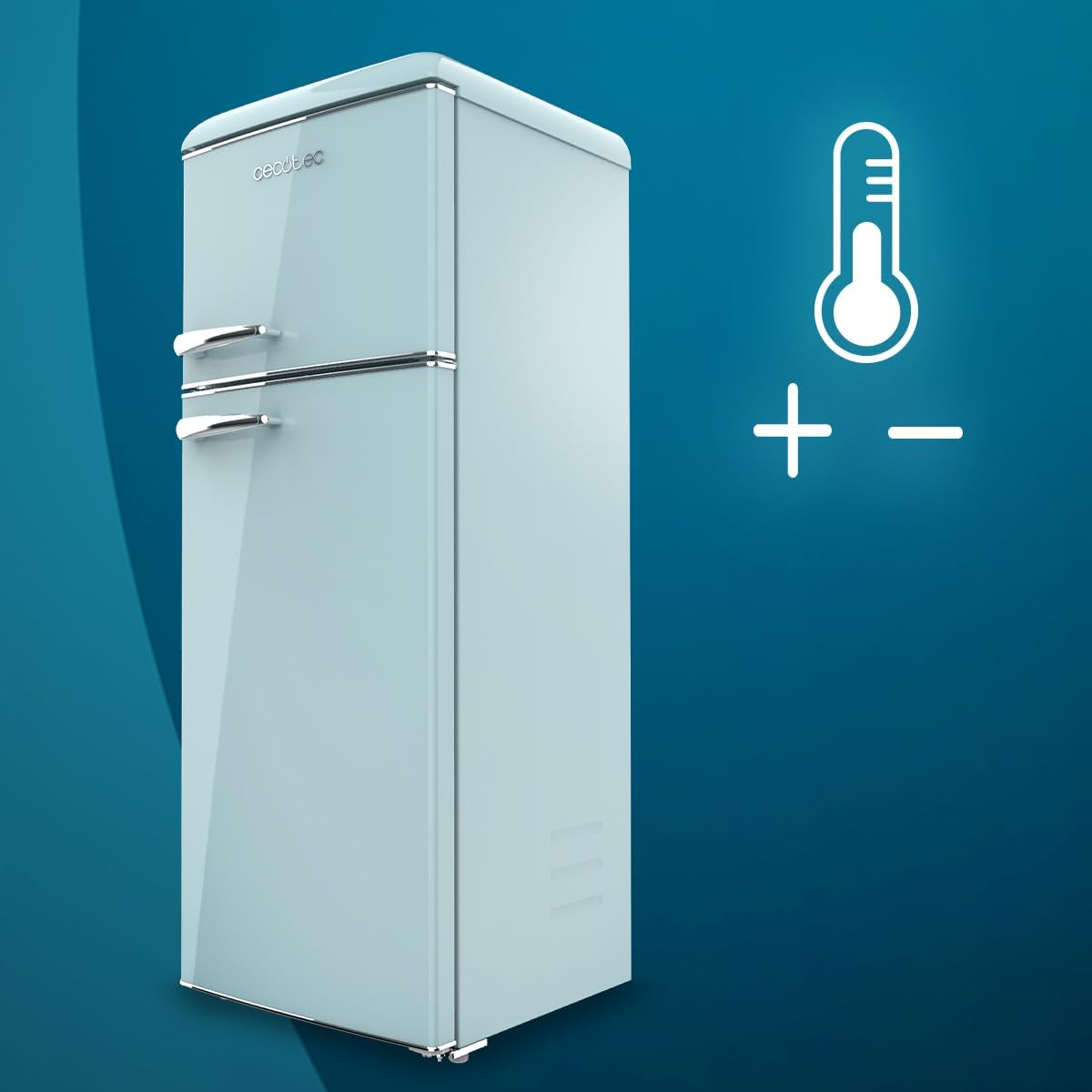 Cecotec - Bolero CoolMarket 2D Origin - 148,2x55,2 cm - rétro, 215 L, LED, poignée chromée, étagères verre