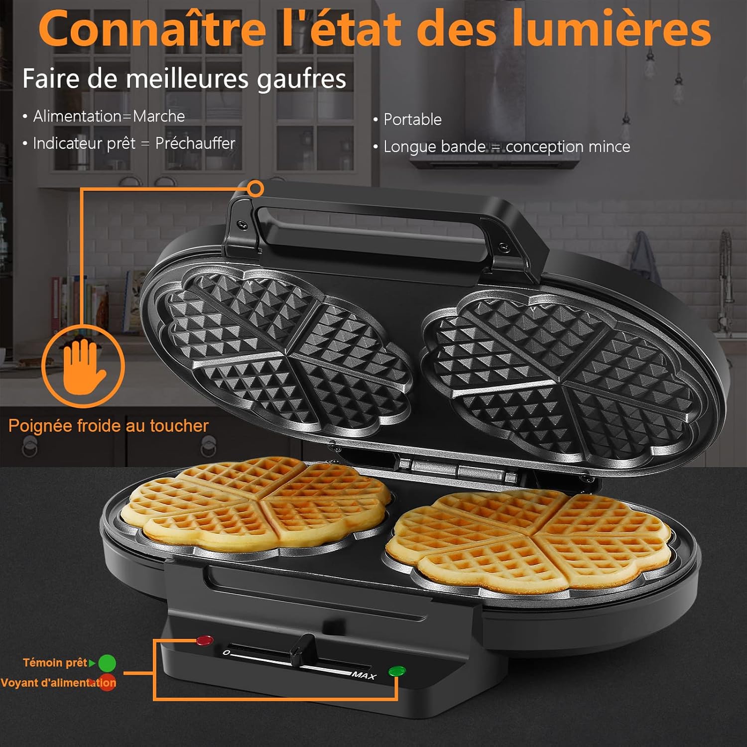 YASHE - machine à gaufres cœur - 1200W - 5 réglages, antiadhésif, anti-débordement