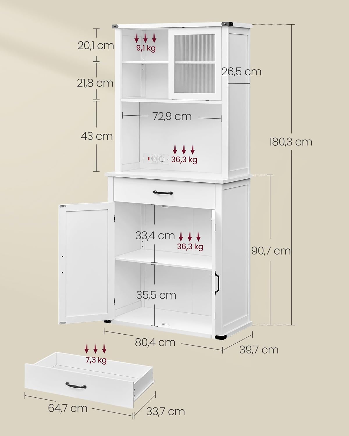 VASAGLE - meuble de rangement cuisine - 39,5x80,4x180,6cm - lumières, chargeur, portes, tiroirs, étagères réglables BBK3