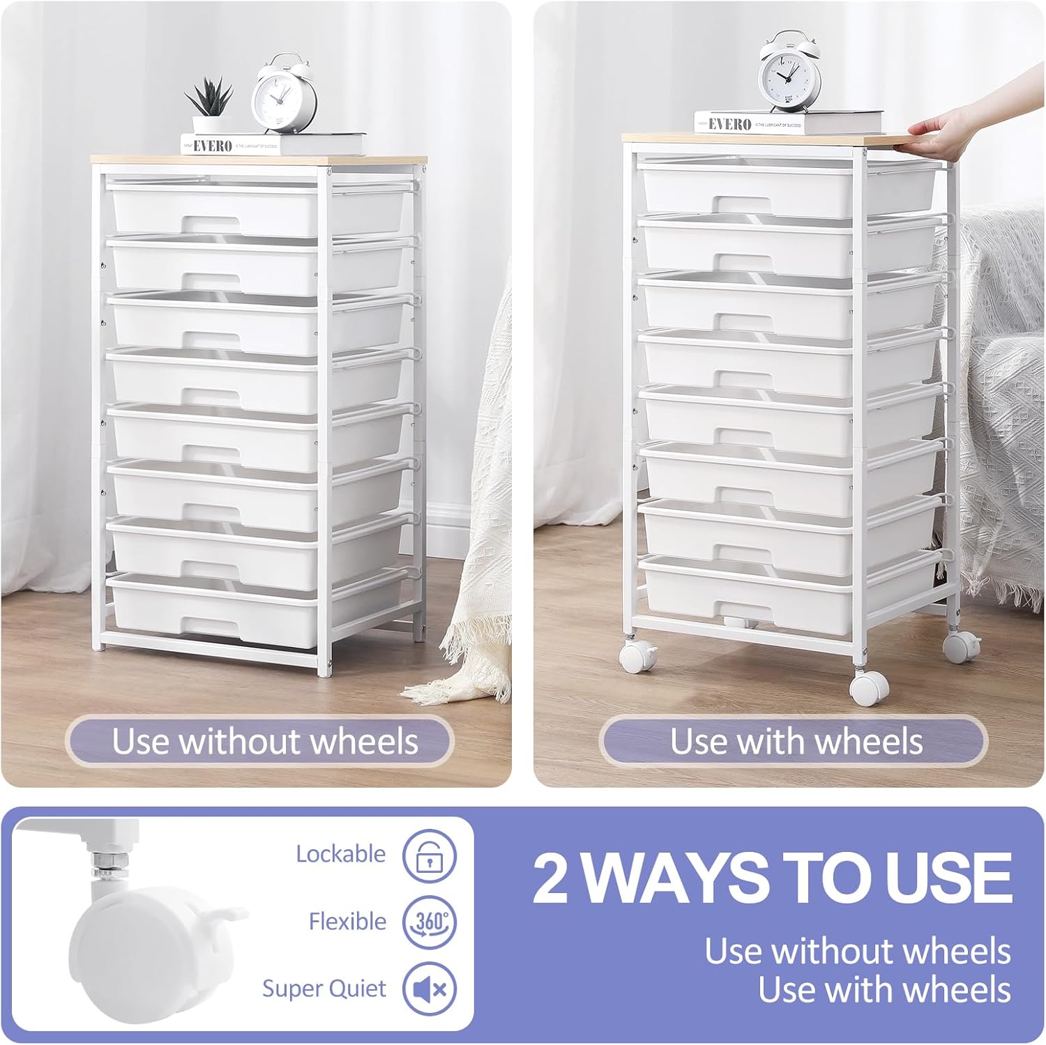 Chariot de salle de bain - 8 tiroirs, roulettes, grand plateau bois, blanc