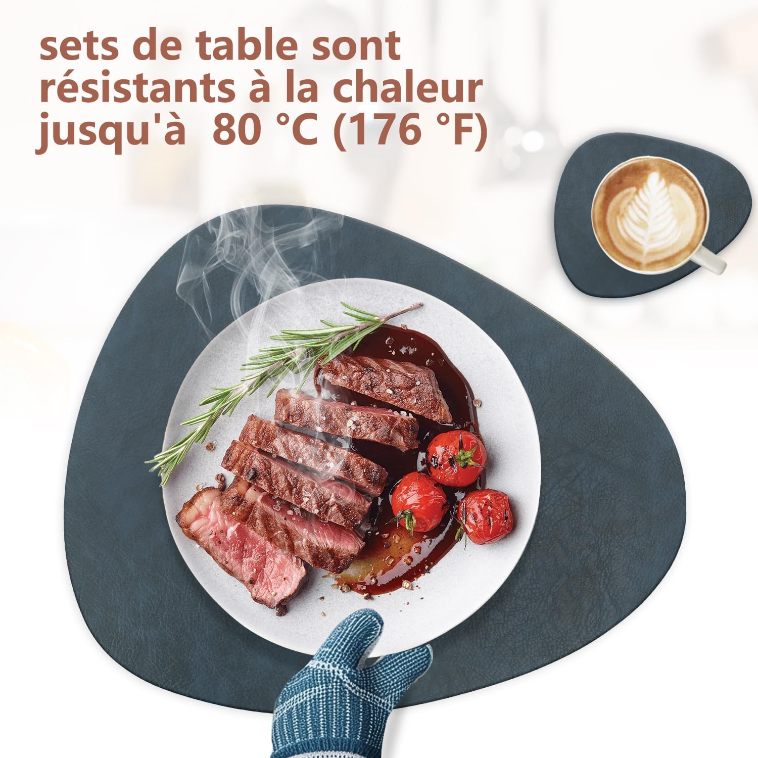 Sets de table - lot de 4, cuir PU, lavables, antidérapants, 41x33cm, bleu/jaune, ovale