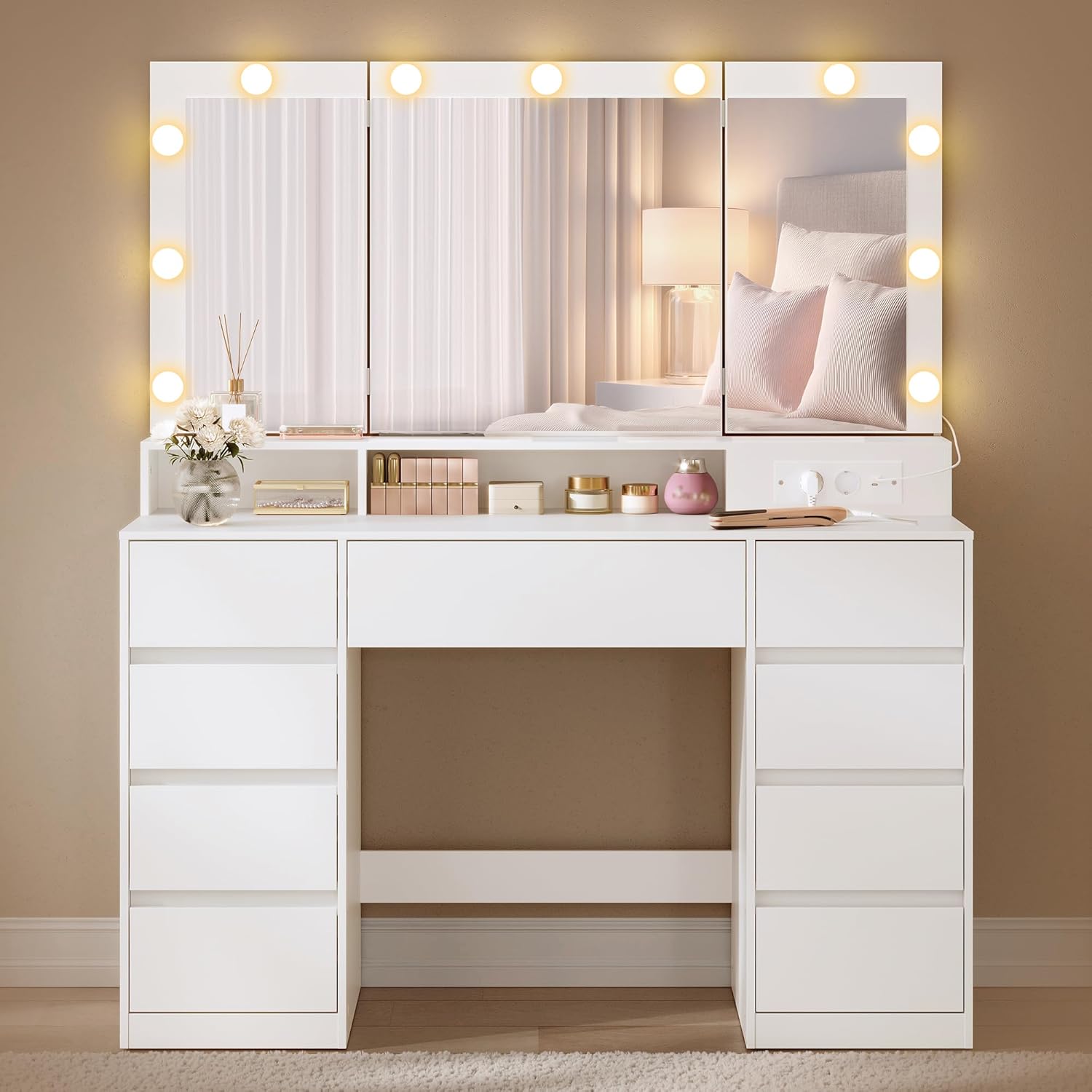 VASAGLE - KAILYN collection - coiffeuse 3 miroirs, 9 tiroirs, multiprise, éclairage LED, blanc - RDT146WB01